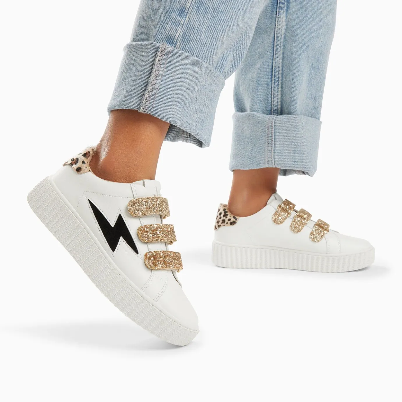 Vanessa Wu Sneakers | Baskets Eclair Angela Blanc Et Zebre A Scratchs Or