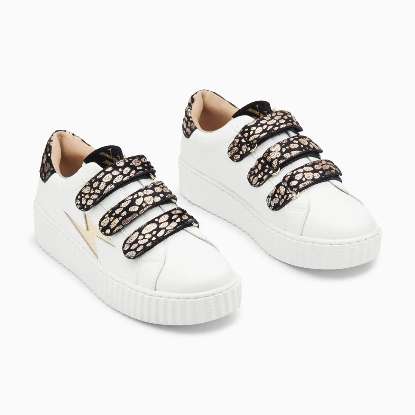Vanessa Wu Sneakers | Baskets Eclair Daisy Blanc Et Or A Scratchs Leopard