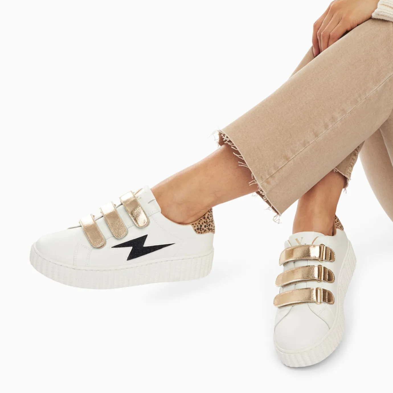 Vanessa Wu Sneakers | Baskets Eclair Darine Blanc Et Guepard A Scratchs Or