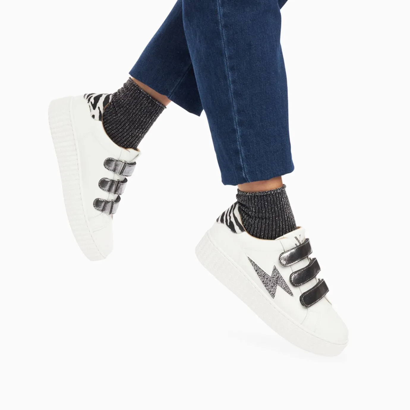 Vanessa Wu Sneakers | Baskets Eclair Darine Blanc Et Zebre A Scratchs Anthracite