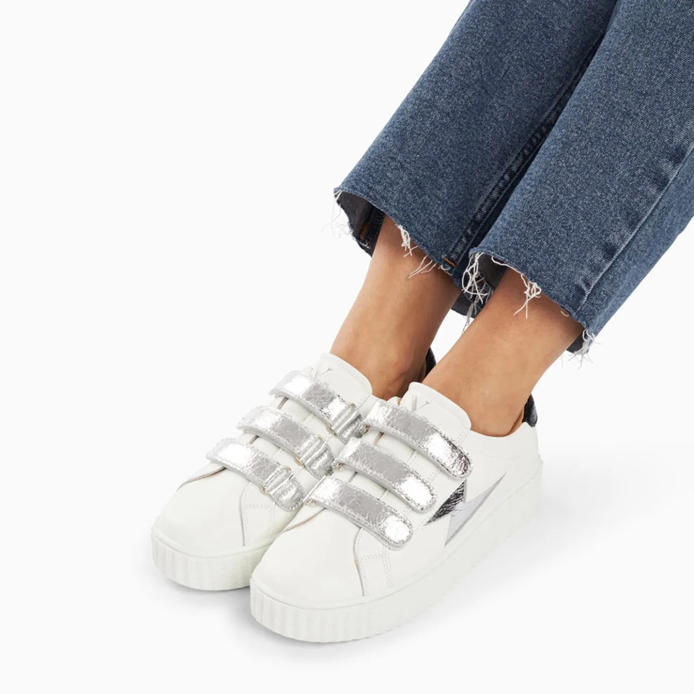 Vanessa Wu Sneakers | Baskets Eclair Jane Blanches En Cuir A Scratchs Argent