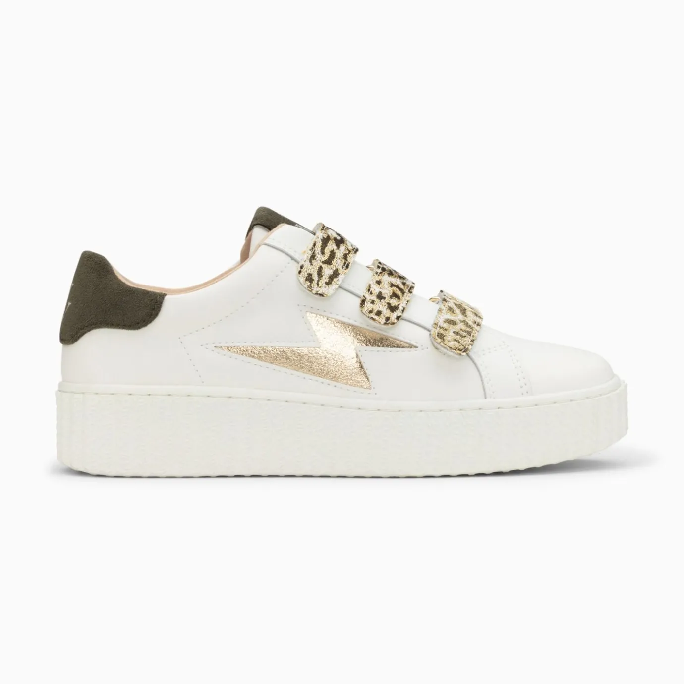 Vanessa Wu Sneakers | Baskets Eclair Lyanna Blanc Et Or A Scratchs Leopard Kaki