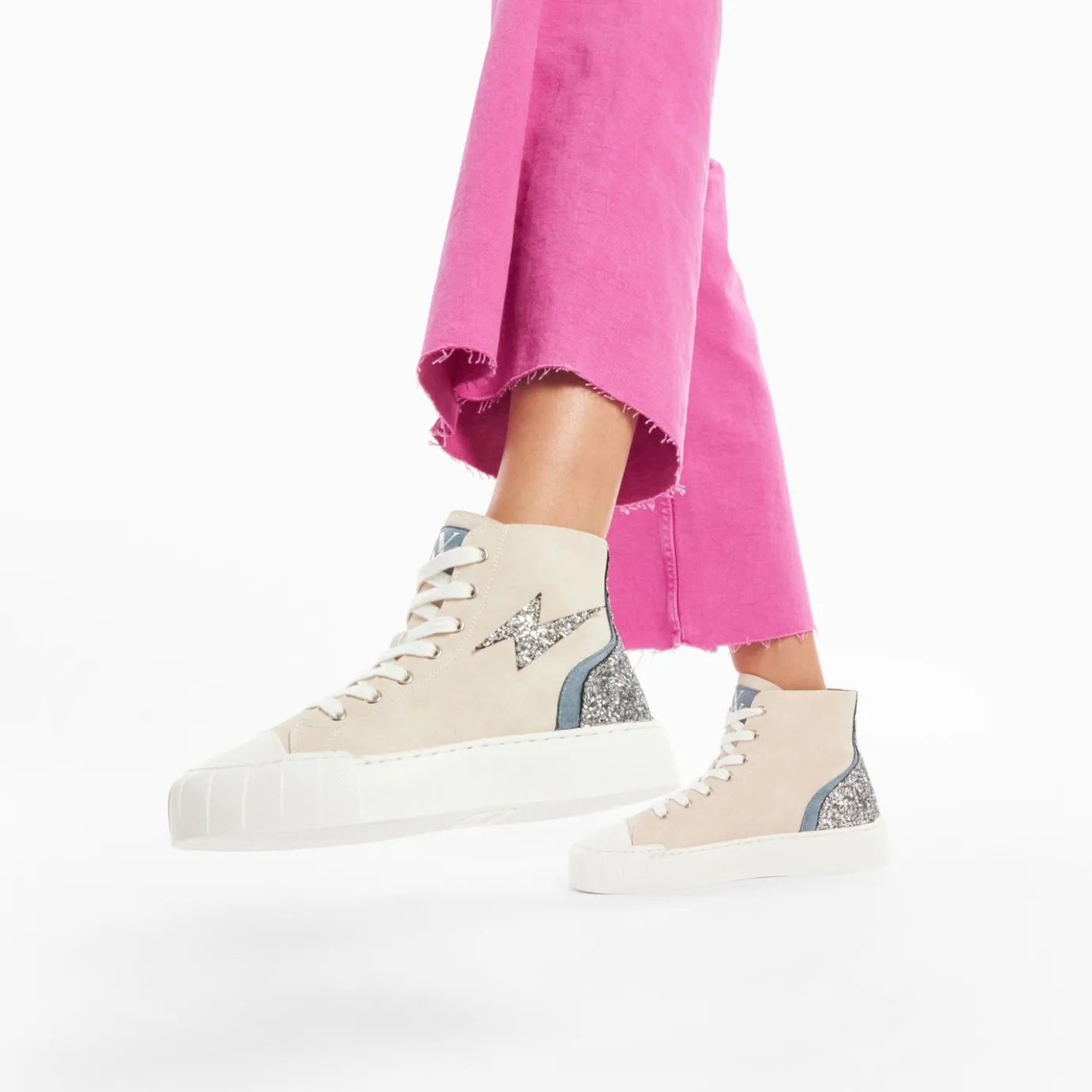 Vanessa Wu Sneakers | Baskets Eclair Mucella Montantes Beige Et Argent Glitter