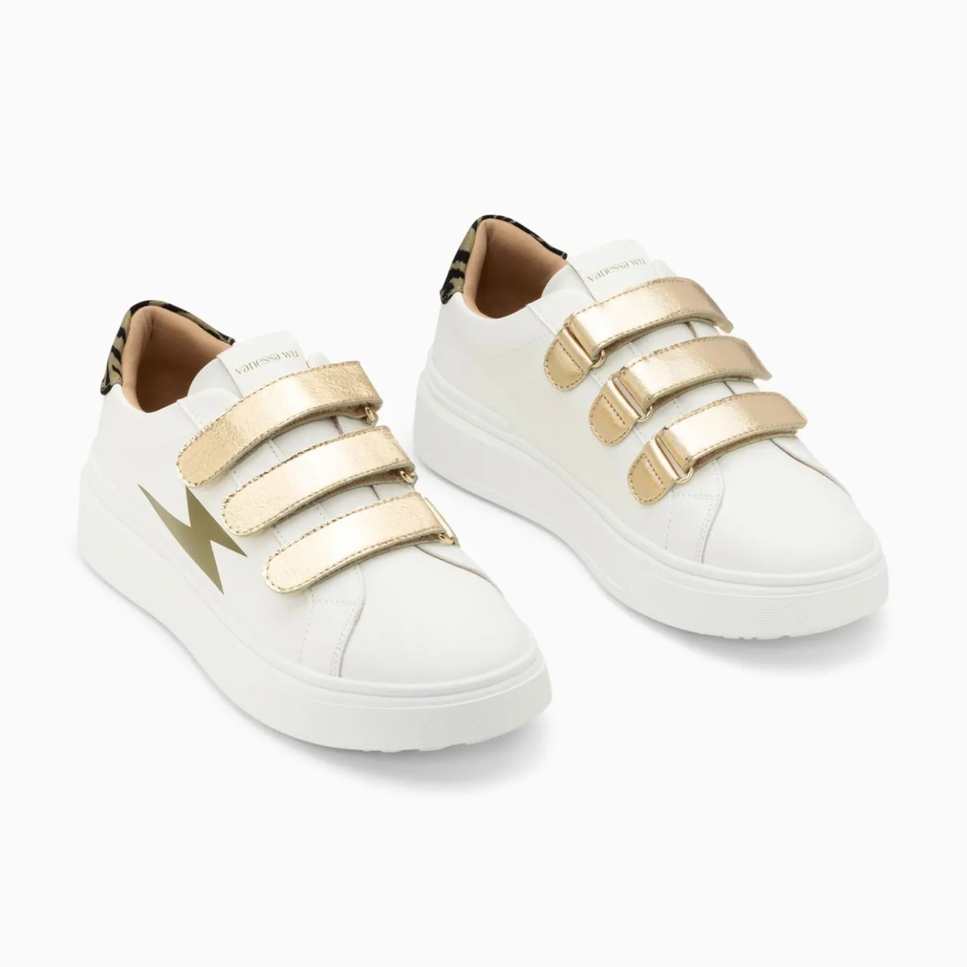 Vanessa Wu Sneakers | Baskets Eclair Salome Blanc Et Kaki A Scratchs Or