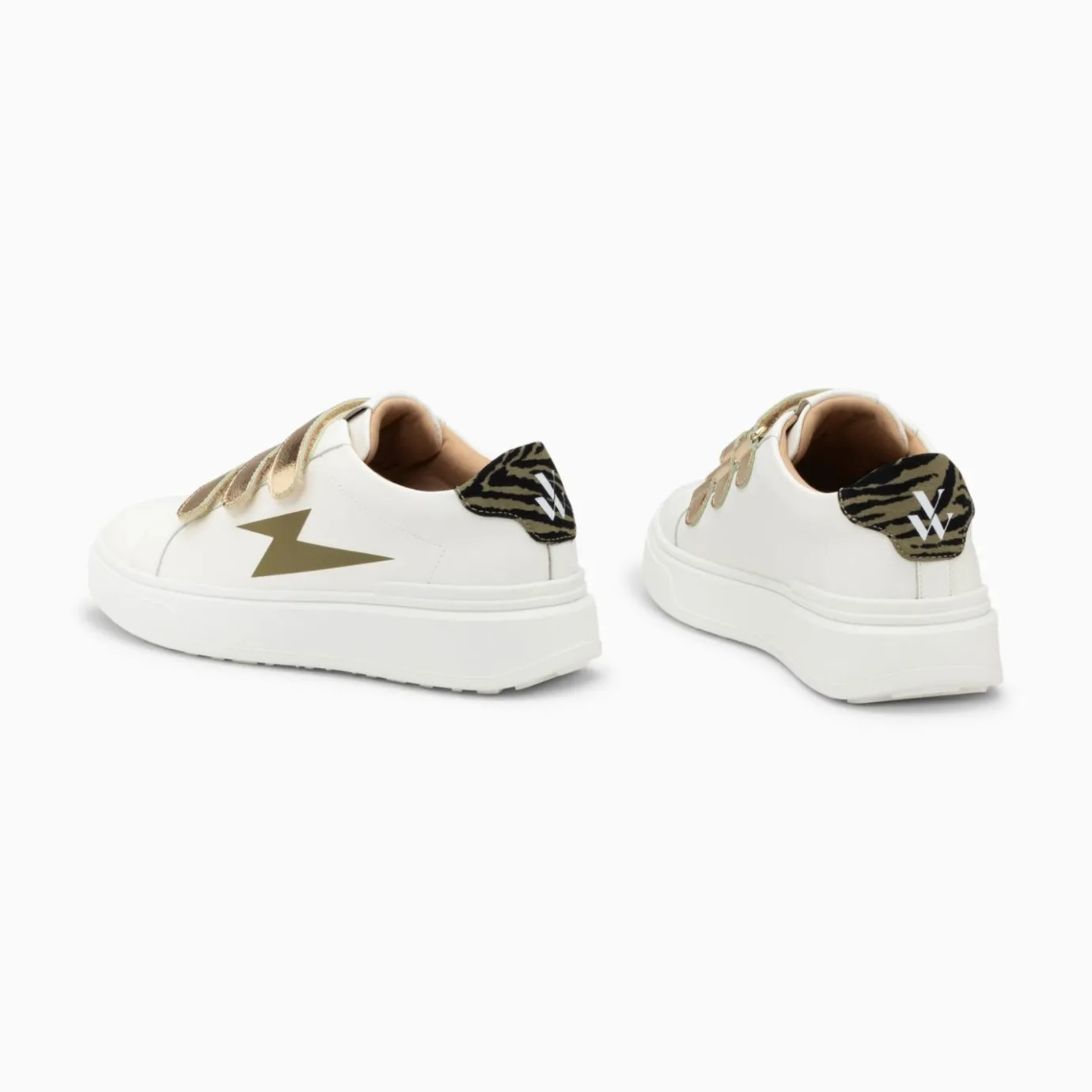 Vanessa Wu Sneakers | Baskets Eclair Salome Blanc Et Kaki A Scratchs Or