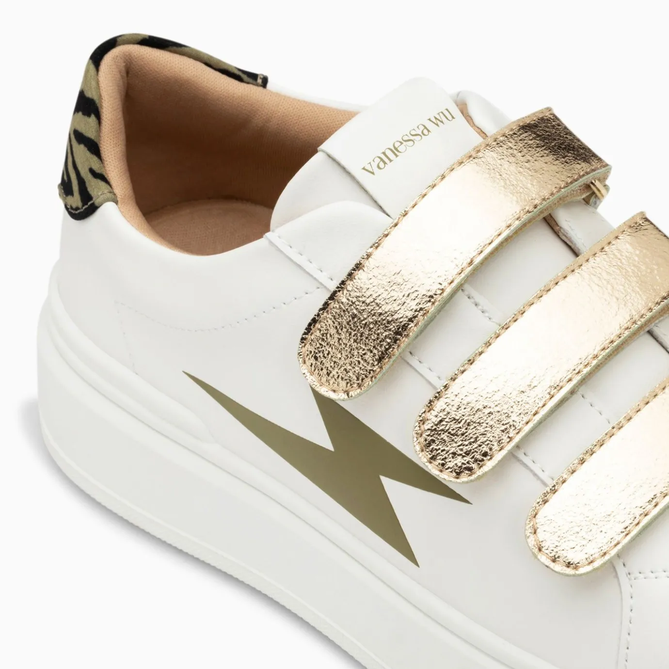 Vanessa Wu Sneakers | Baskets Eclair Salome Blanc Et Kaki A Scratchs Or
