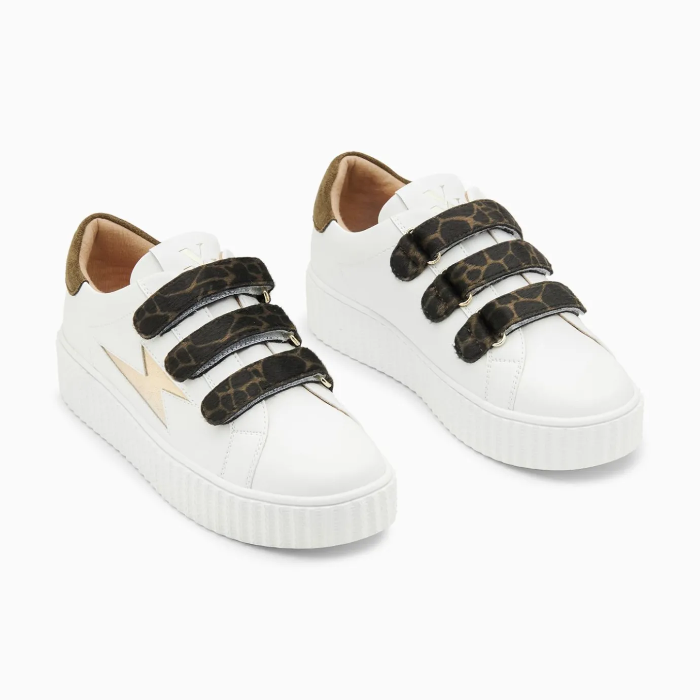 Vanessa Wu Sneakers | Baskets Eclair Thais Blanc Et Or A Scratchs Kaki