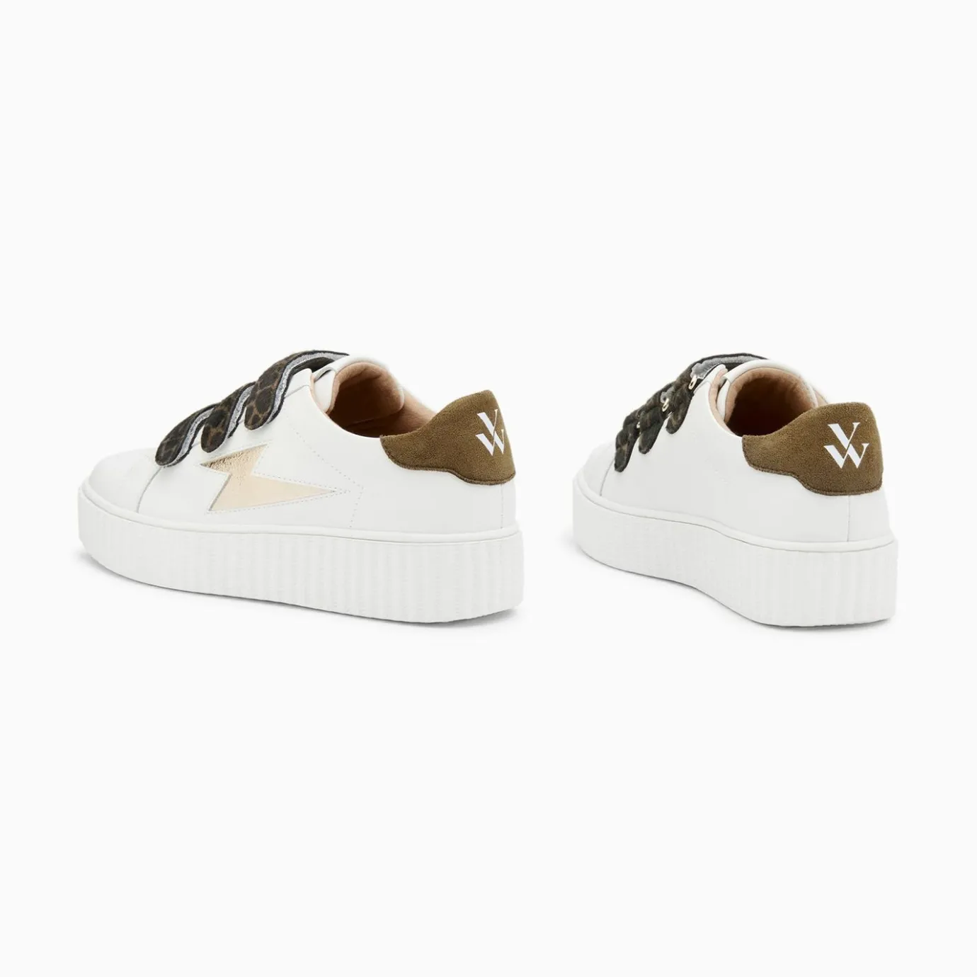 Vanessa Wu Sneakers | Baskets Eclair Thais Blanc Et Or A Scratchs Kaki