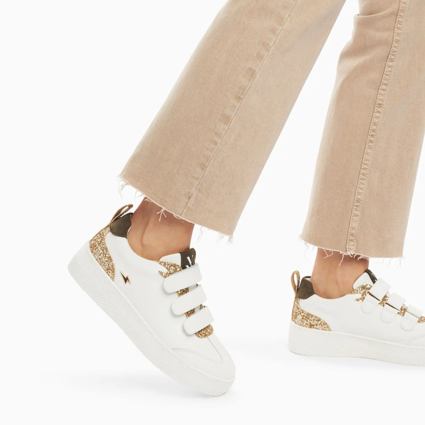 Vanessa Wu Sneakers | Baskets Eline Blanc Et Or Paillete A Scratchs