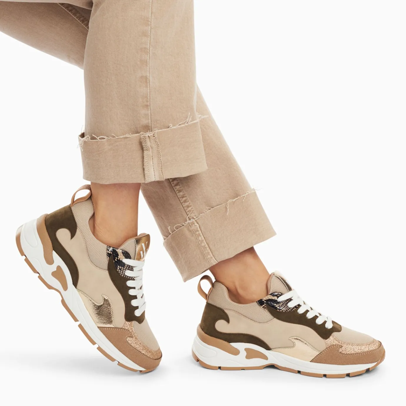 Vanessa Wu Sneakers | Baskets Flamme Arya Beige Et Kaki