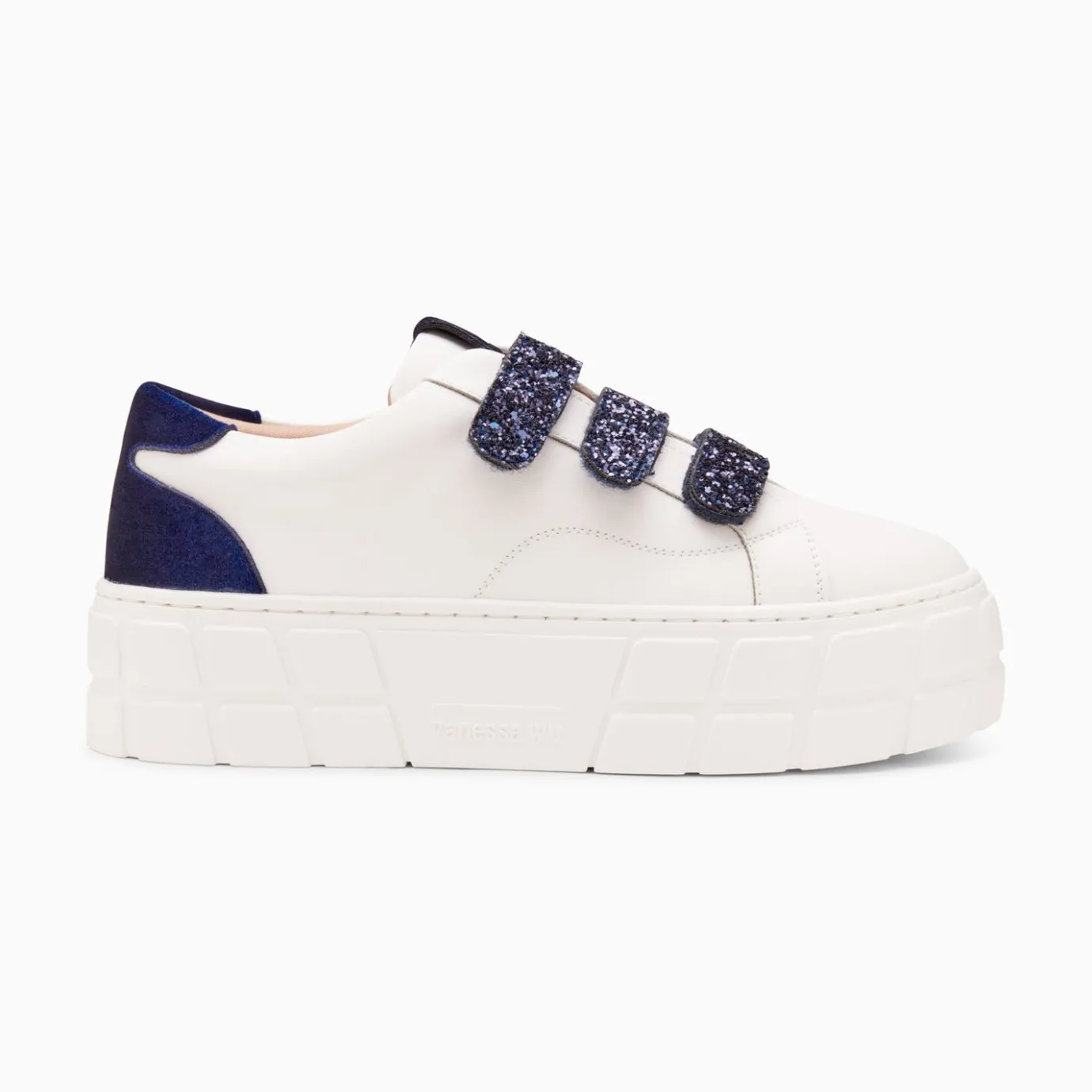 Vanessa Wu Sneakers | Baskets Monica Blanc Et Bleu Marine A Scratchs Glitter Et Plateforme