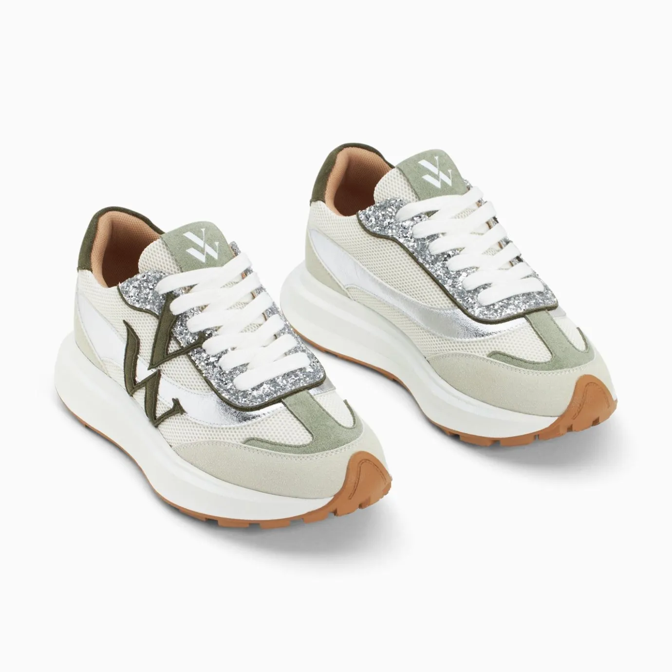 Vanessa Wu Sneakers | Baskets Monogramme Ines Kaki Et Argent A Semelle Oversize