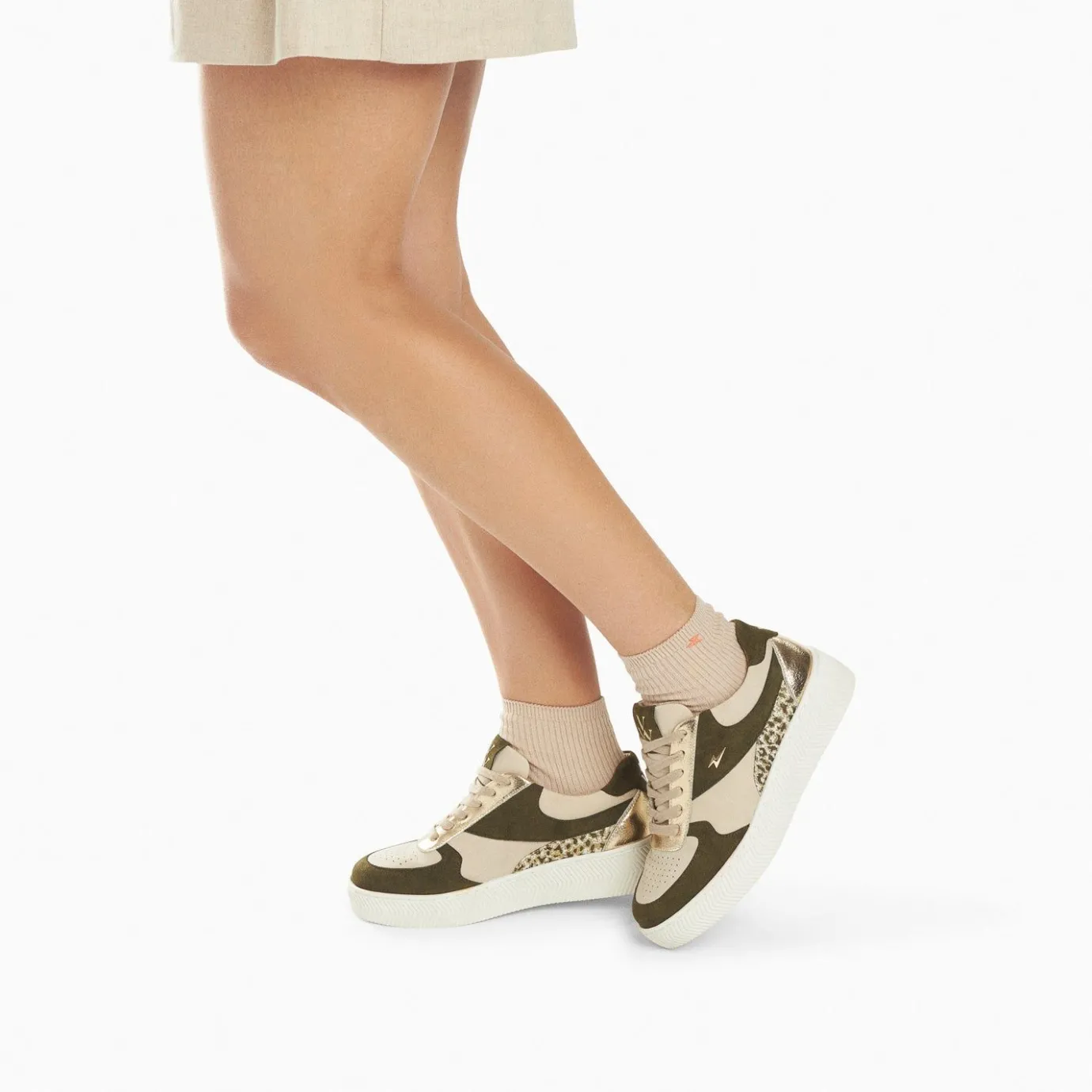 Vanessa Wu Sneakers | Baskets Theonie Beige Et Kaki A Lacets