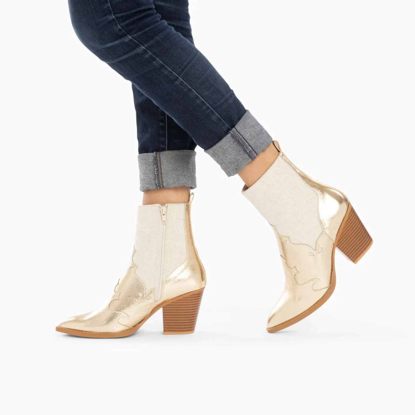 Vanessa Wu Bottines | Bottines Santiags Kelsey Bi-Matiere Beige Et Or