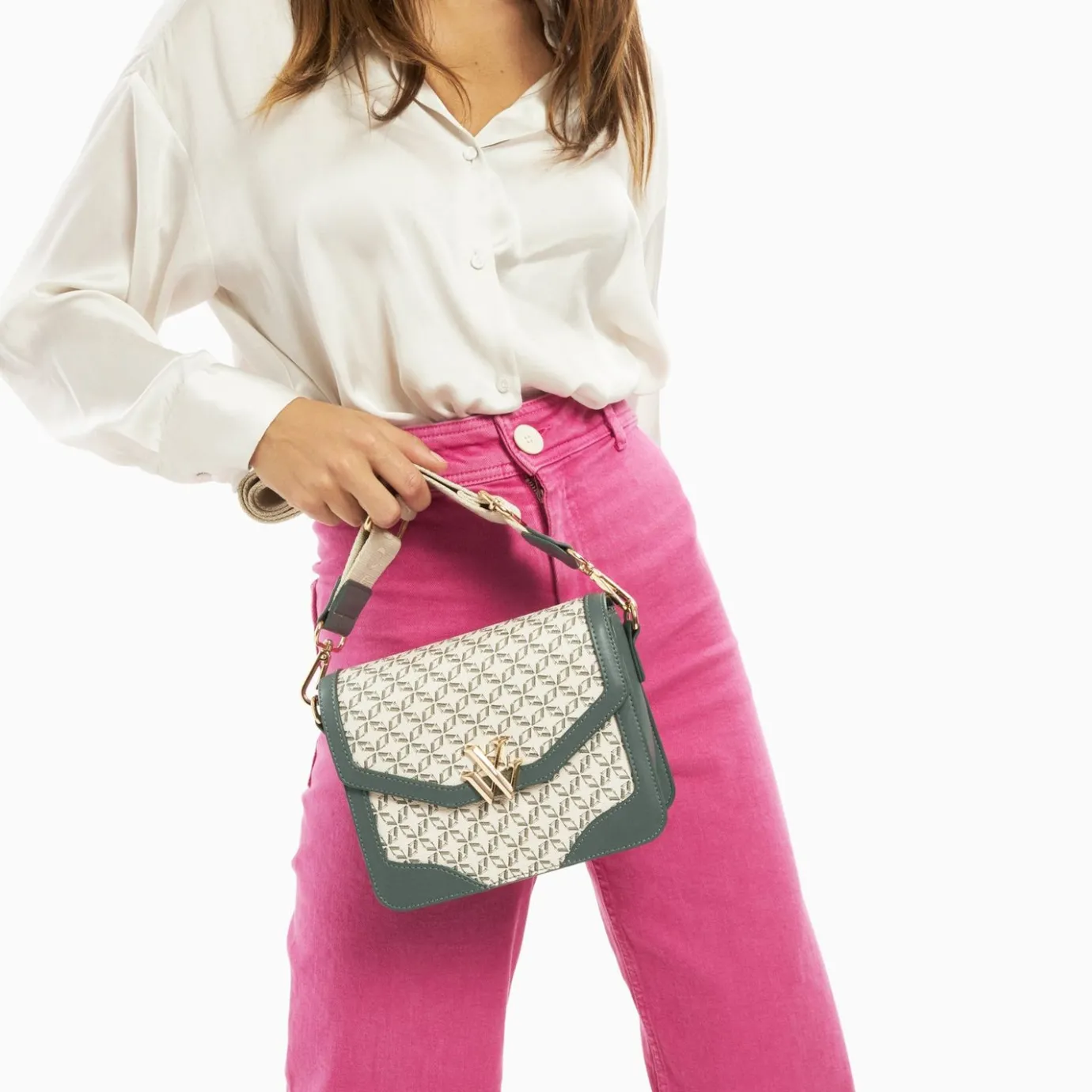 Vanessa Wu Sacs | Petit Sac Cartable Karen Vert A Toile Monogramme