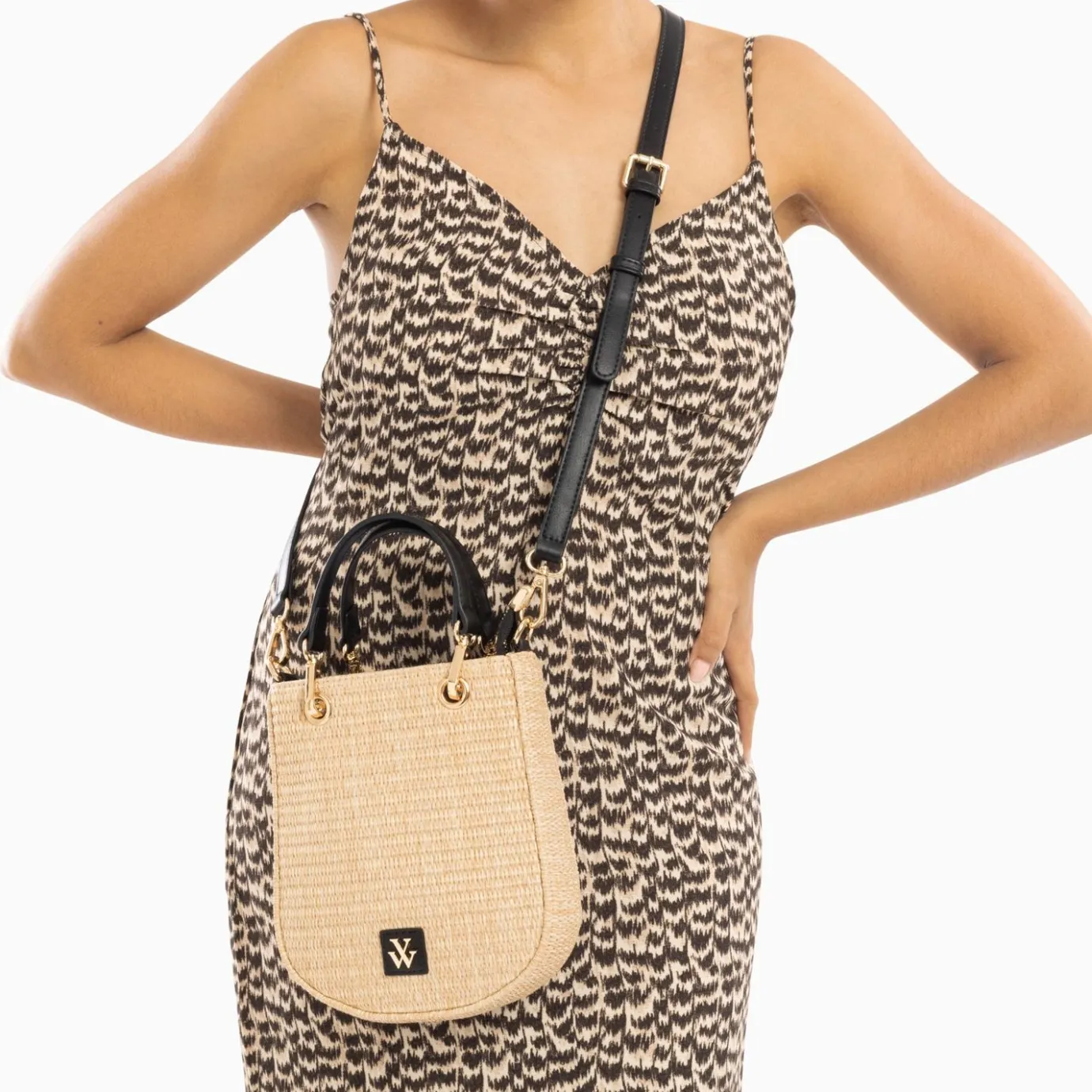 Vanessa Wu Sacs | Petit Sac Mounia En Raphia Beige A Details Noirs