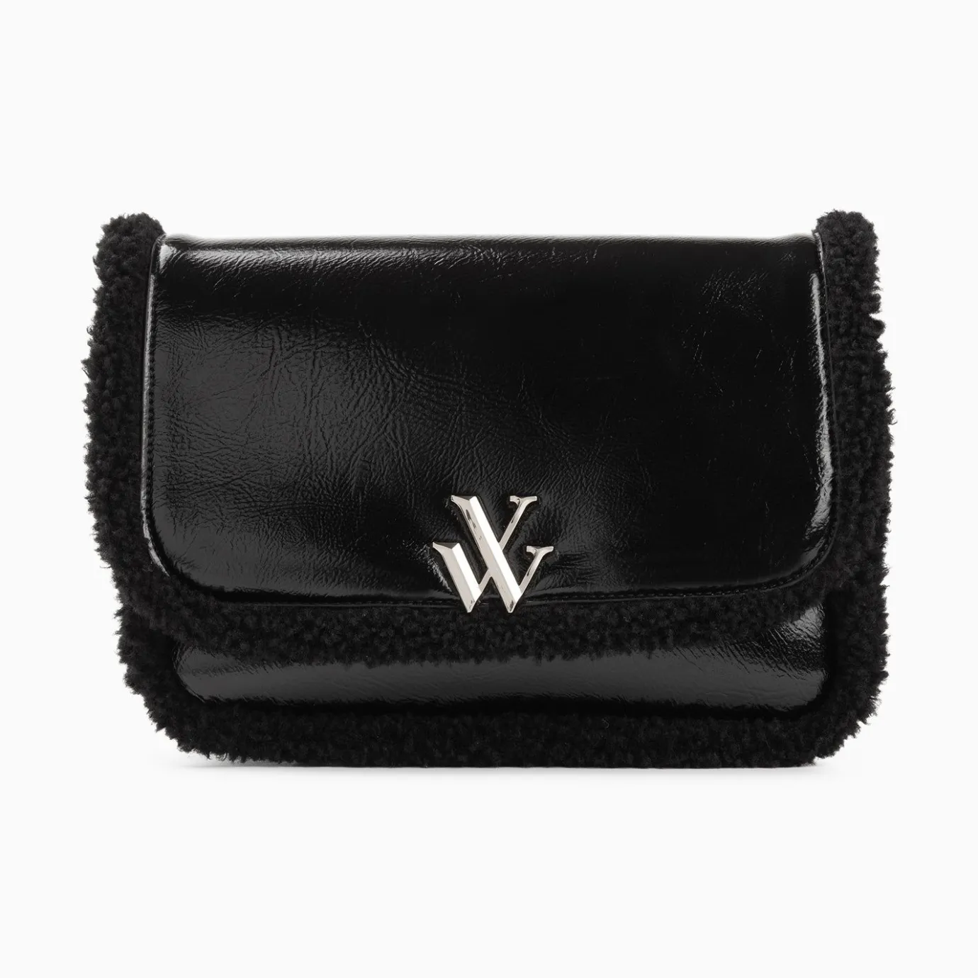 Vanessa Wu Sacs | Sac Bandouliere Bertina Noir A Rabat Et Faux Shearling