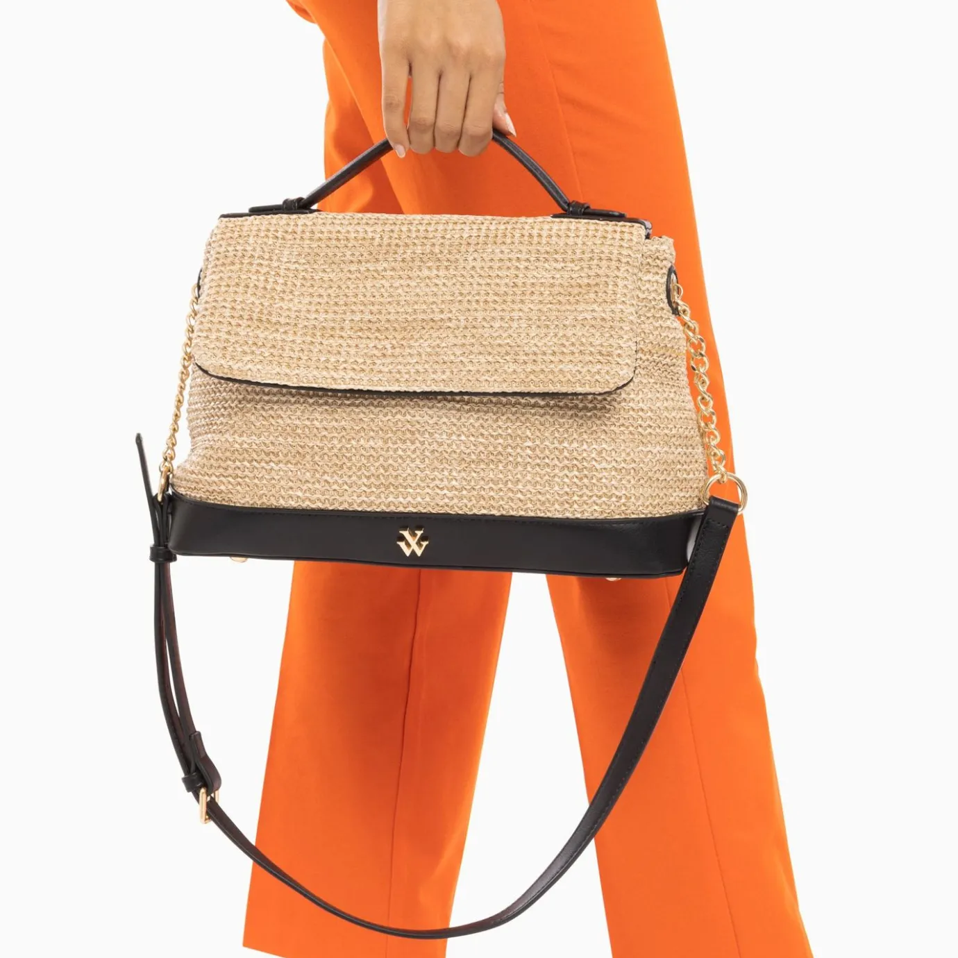 Vanessa Wu Sacs | Sac Cartable Katie En Raphia Beige A Details Noirs