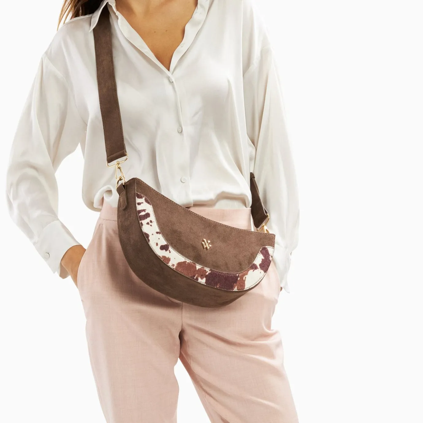 Vanessa Wu Sacs | Sac Demi-Lune Rym Taupe Bi-Matiere