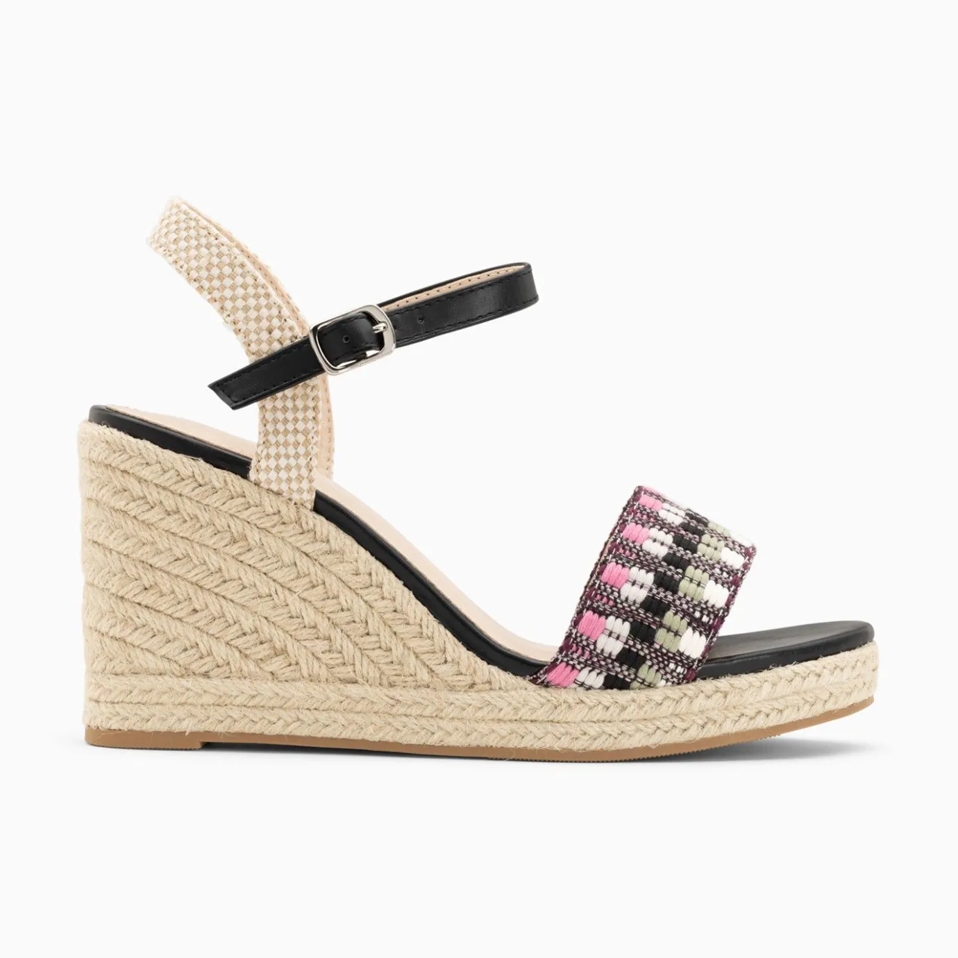 Vanessa Wu Sandales À Talon, Compensées | Sandales Compensees Honorine Noir Et Rose En Tissu Jacquard